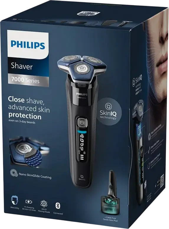 Philips S7886/58 Series 7000 Aparat de Ras Electric, Capete 360-D Flexing, Tehnologie SkinIQ, Invelis Nano SkinGlide, Umed & Uscat, Negru, cu Stația de Curățare