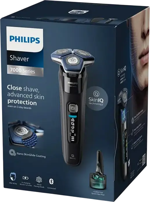 Philips S7886/58 Series 7000 Aparat de Ras Electric, Capete 360-D Flexing, Tehnologie SkinIQ, Invelis Nano SkinGlide, Umed & Uscat, Negru, cu Stația de Curățare