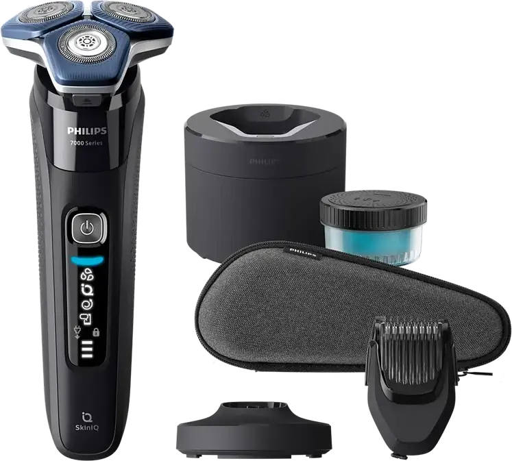 Philips S7886/58 Series 7000 Aparat de Ras Electric, Capete 360-D Flexing, Tehnologie SkinIQ, Invelis Nano SkinGlide, Umed & Uscat, Negru, cu Stația de Curățare