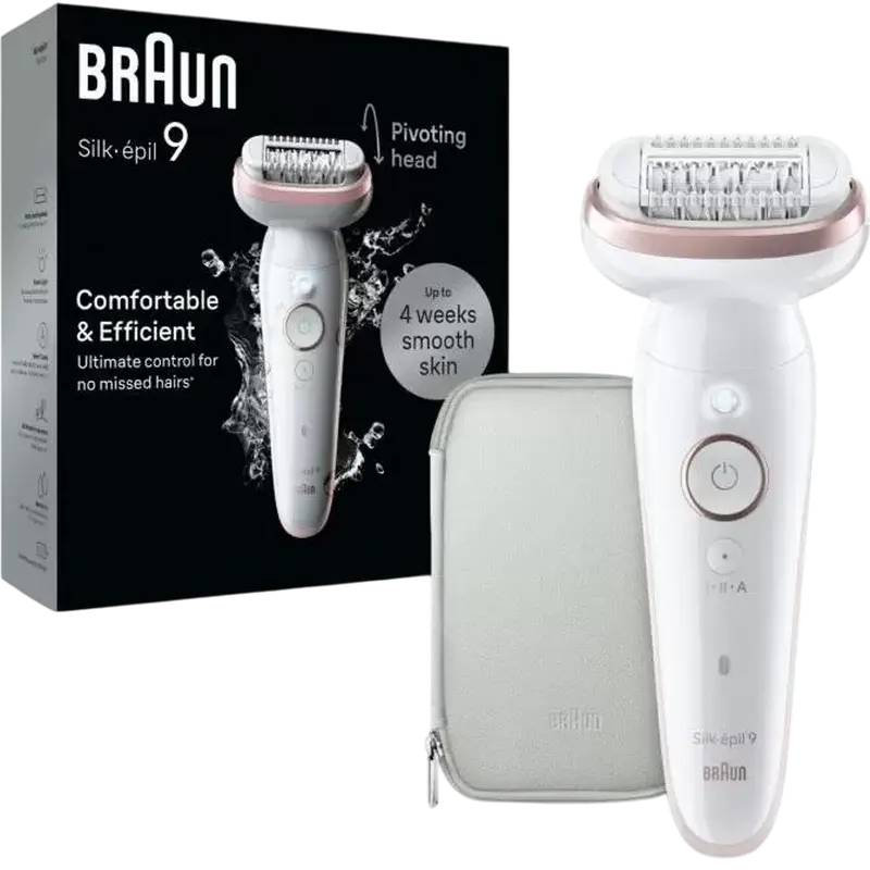 Epilator Braun Silk-épil 9 SES9000, 40 Pensete MicroGrip din Otel, Utilizare Umed sau Uscat, Cap Pivotant, Functie Masaj, Alb