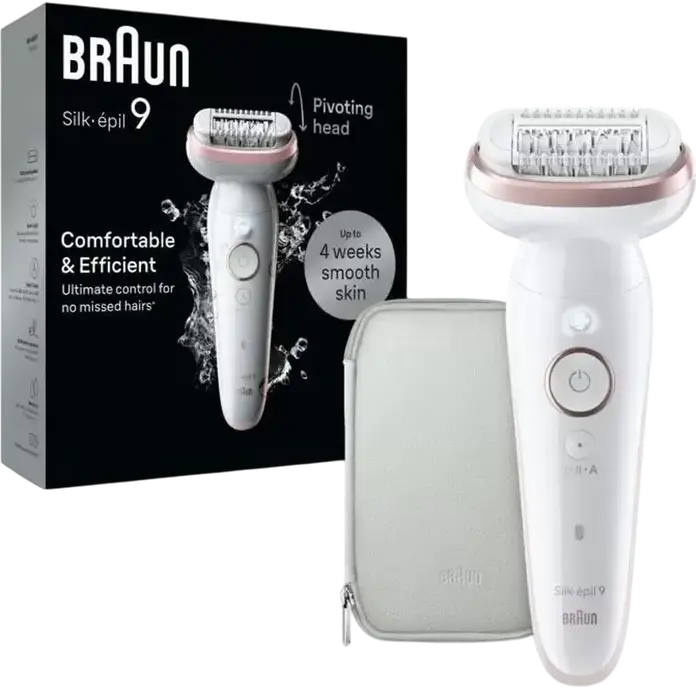 Braun Silk-épil 9 SES9000 Epilator, 40 MicroGrip Steel Tweezers, Wet & Dry, Pivoting Head, Massage Function, 50 min Runtime, White