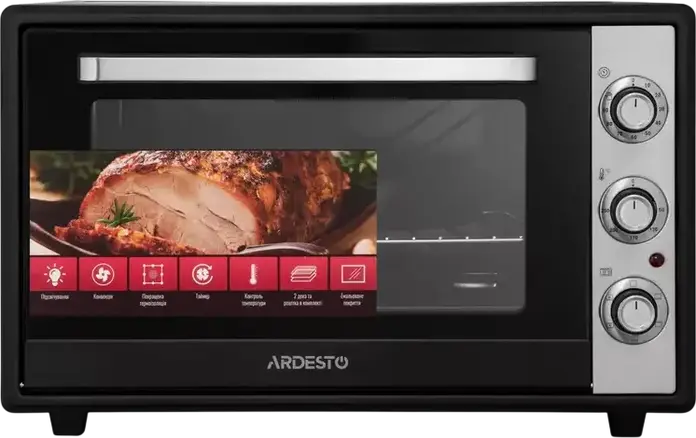 Ardesto MEO-F60CB Electric Oven, 60L Capacity, 2034W, 5 Cooking Modes with Grill and Convection, Enamel Coating, Black, Includes Baking Tray and Wire Rack