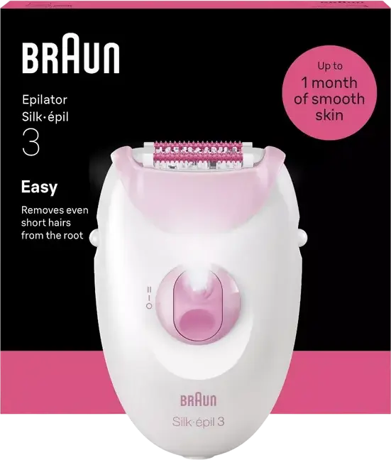 Braun Silk-épil 3 SE3000 Epilator, White and Pink, 20 Tweezers, Mains Powered, Integrated Light, Massage Function, Set of 3 Pieces