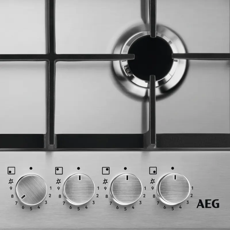 Газовая варочная панель AEG HGB64420SM для встраивания, 4 конфорки с горелкой WOK, поверхность из нержавеющей стали, чугунные решетки, ширина 56 см