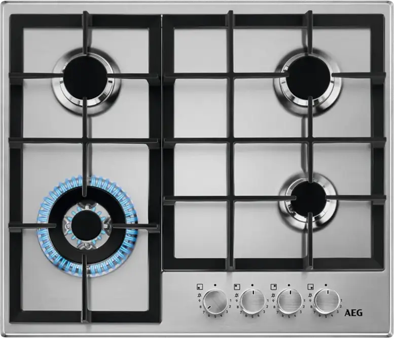 Газовая варочная панель AEG HGB64420SM для встраивания, 4 конфорки с горелкой WOK, поверхность из нержавеющей стали, чугунные решетки, ширина 56 см