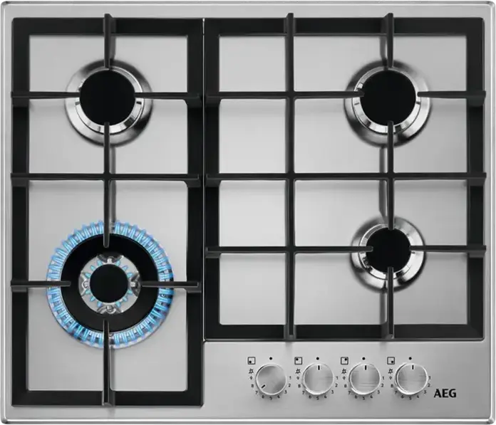 Газовая варочная панель AEG HGB64420SM для встраивания, 4 конфорки с горелкой WOK, поверхность из нержавеющей стали, чугунные решетки, ширина 56 см