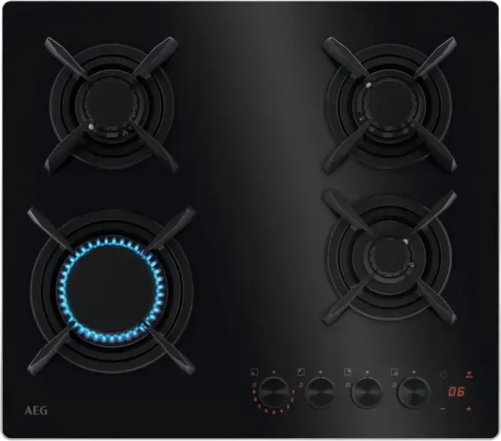 Plita pe gaz incorporabila AEG HKB64453NB, 4 zone de gatire cu arzator WOK Triple Crown, Grilaj din fonta, Suprafata de sticla, Timer digital, Negru, 56x48 cm