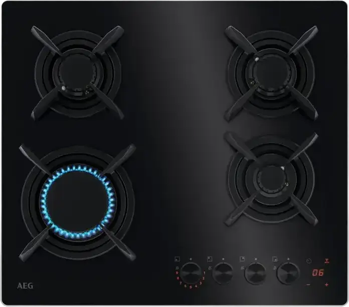Plita pe gaz incorporabila AEG HKB64453NB, 4 zone de gatire cu arzator WOK Triple Crown, Grilaj din fonta, Suprafata de sticla, Timer digital, Negru, 56x48 cm