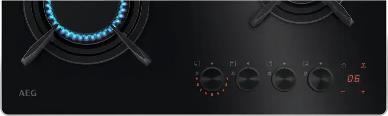 Plita pe gaz incorporabila AEG HKB64453NB, 4 zone de gatire cu arzator WOK Triple Crown, Grilaj din fonta, Suprafata de sticla, Timer digital, Negru, 56x48 cm