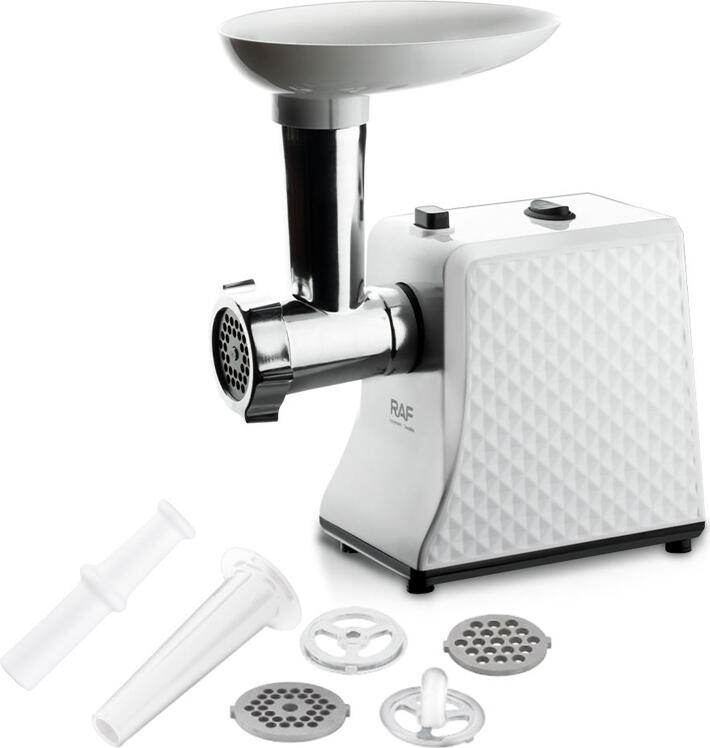Masina de macinat carne RAF R.3391, 2000W, Lame din Otel Inoxidabil, Alb, cu Accesorii pentru Cnasturi si Kubbe, Impinzator de Alimente si Sita
