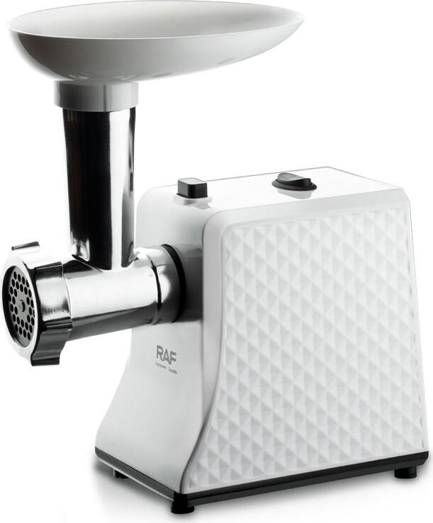 Masina de macinat carne RAF R.3391, 2000W, Lame din Otel Inoxidabil, Alb, cu Accesorii pentru Cnasturi si Kubbe, Impinzator de Alimente si Sita