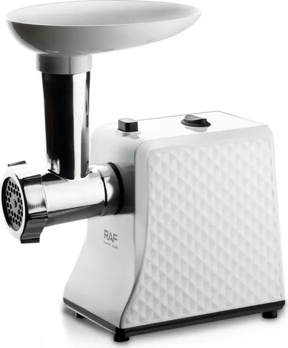 Masina de macinat carne RAF R.3391, 2000W, Lame din Otel Inoxidabil, Alb, cu Accesorii pentru Cnasturi si Kubbe, Impinzator de Alimente si Sita