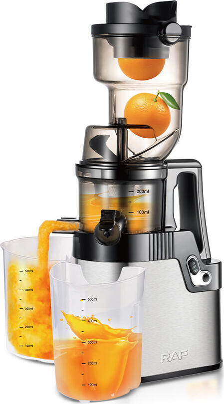 Sforizator Electric Slow Juicer RAF R.2702, Cold Press 250W, 75 rpm, Tub Alimentare 50mm, Recipient 500ml, Argintiu, Zgomot Redus, Set de 6 Accesorii