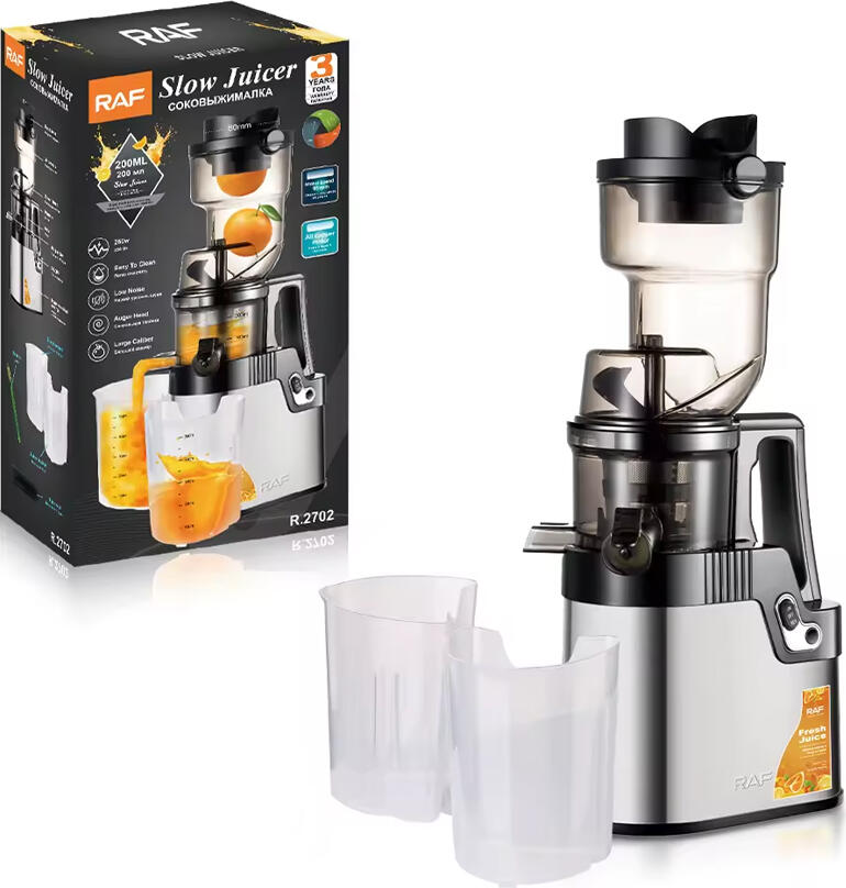Sforizator Electric Slow Juicer RAF R.2702, Cold Press 250W, 75 rpm, Tub Alimentare 50mm, Recipient 500ml, Argintiu, Zgomot Redus, Set de 6 Accesorii