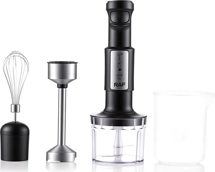Set Blender Vertical Raf R.3028 de 4 piese, 400W, Lame din Otel Inoxidabil, Becher 1000ml, Bol Tocat 500ml, Argintiu