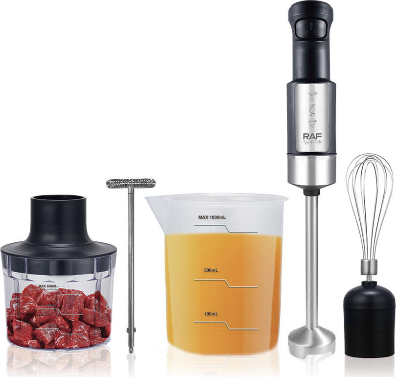 Set Blender Vertical Raf R.3028 de 4 piese, 400W, Lame din Otel Inoxidabil, Becher 1000ml, Bol Tocat 500ml, Argintiu
