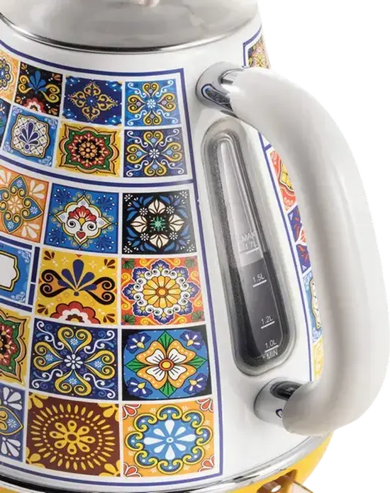 Электрический чайник Ariete 2869, цвет Positano, объем 1.7 л, мощность 2200 Вт, нержавеющая сталь, вращающееся основание 360 градусов, съемный фильтр от накипи, конический дизайн