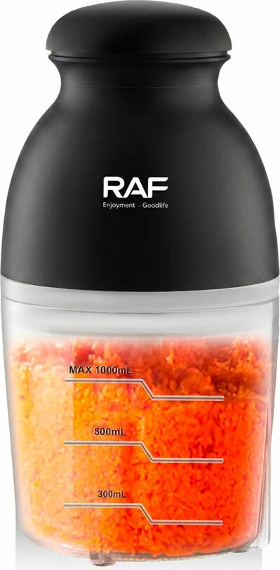Robot de bucatarie si Toator de legume electric Raf R.332B, 250W, Bol de sticla 1L, cu Lama de taiere cu 4 lame si Tel pentru batut, Negru