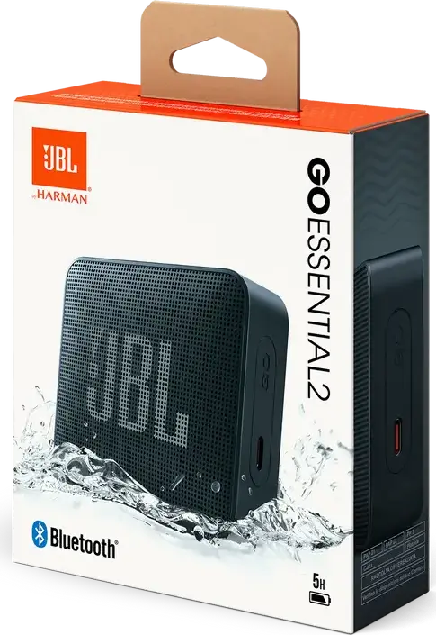 JBL GO Essential 2 Portable Bluetooth Speaker, Black, USB-C Charging, Compact Rectangular Design with Fabric Grille