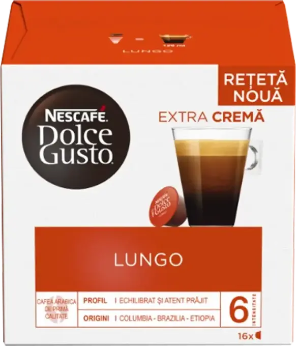 Nescafe Dolce Gusto Lungo Coffee Capsules, Set of 16, Premium Arabica, Intensity 6, Extra Crema, 120 ml Serving Size