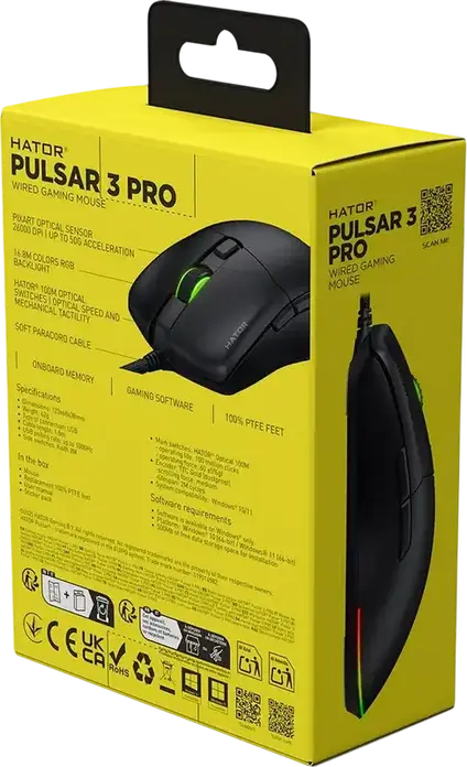 Hator Pulsar 3 Pro HTM620 Wired Gaming Mouse, 26000 DPI Optical Sensor, 6 Buttons, RGB Lighting, 62g Lightweight Ergonomic Design, Black