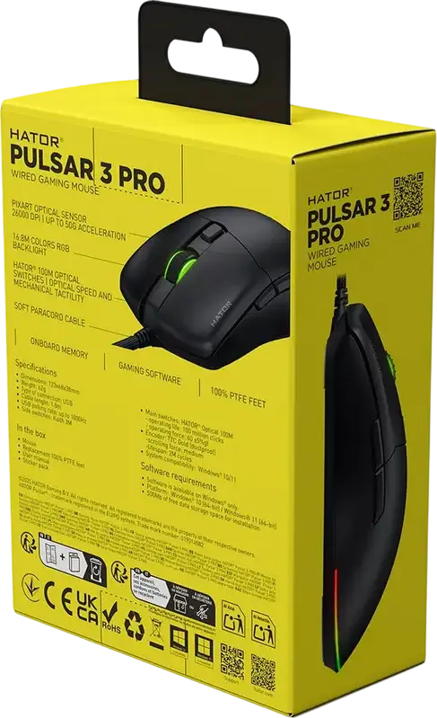 Hator Pulsar 3 Pro HTM620 Wired Gaming Mouse, 26000 DPI Optical Sensor, 6 Buttons, RGB Lighting, 62g Lightweight Ergonomic Design, Black