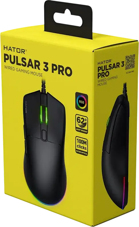 Hator Pulsar 3 Pro HTM620 Wired Gaming Mouse, 26000 DPI Optical Sensor, 6 Buttons, RGB Lighting, 62g Lightweight Ergonomic Design, Black