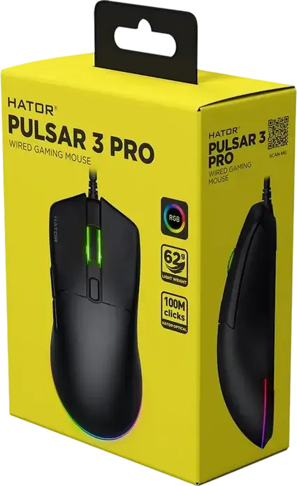 Hator Pulsar 3 Pro HTM620 Wired Gaming Mouse, 26000 DPI Optical Sensor, 6 Buttons, RGB Lighting, 62g Lightweight Ergonomic Design, Black
