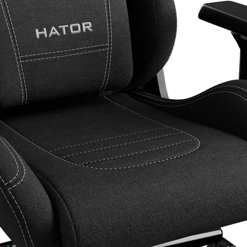 Scaun Gaming HATOR Arc, Material Textil Jet Black, Cotiere 4D Reglabile, piston Clasa 4, Baza Aluminiu, Inclinare 166 Grade, Perne Lombare si de Gat