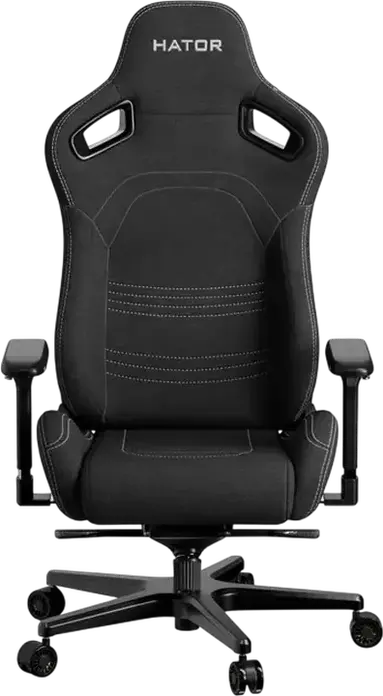 HATOR Arc Gaming Chair, Jet Black Textile Fabric, 4D Adjustable Armrests, Class 4 Gas Lift, Aluminum Base, 166 Degree Tilt, Lumbar and Headrest Pillows