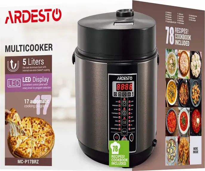 Ardesto MC-P17BRZ Multifunctional Multicooker, 5L Non-stick Bowl, 860W, 17 Automatic Programs, Digital Display, Bronze/Black