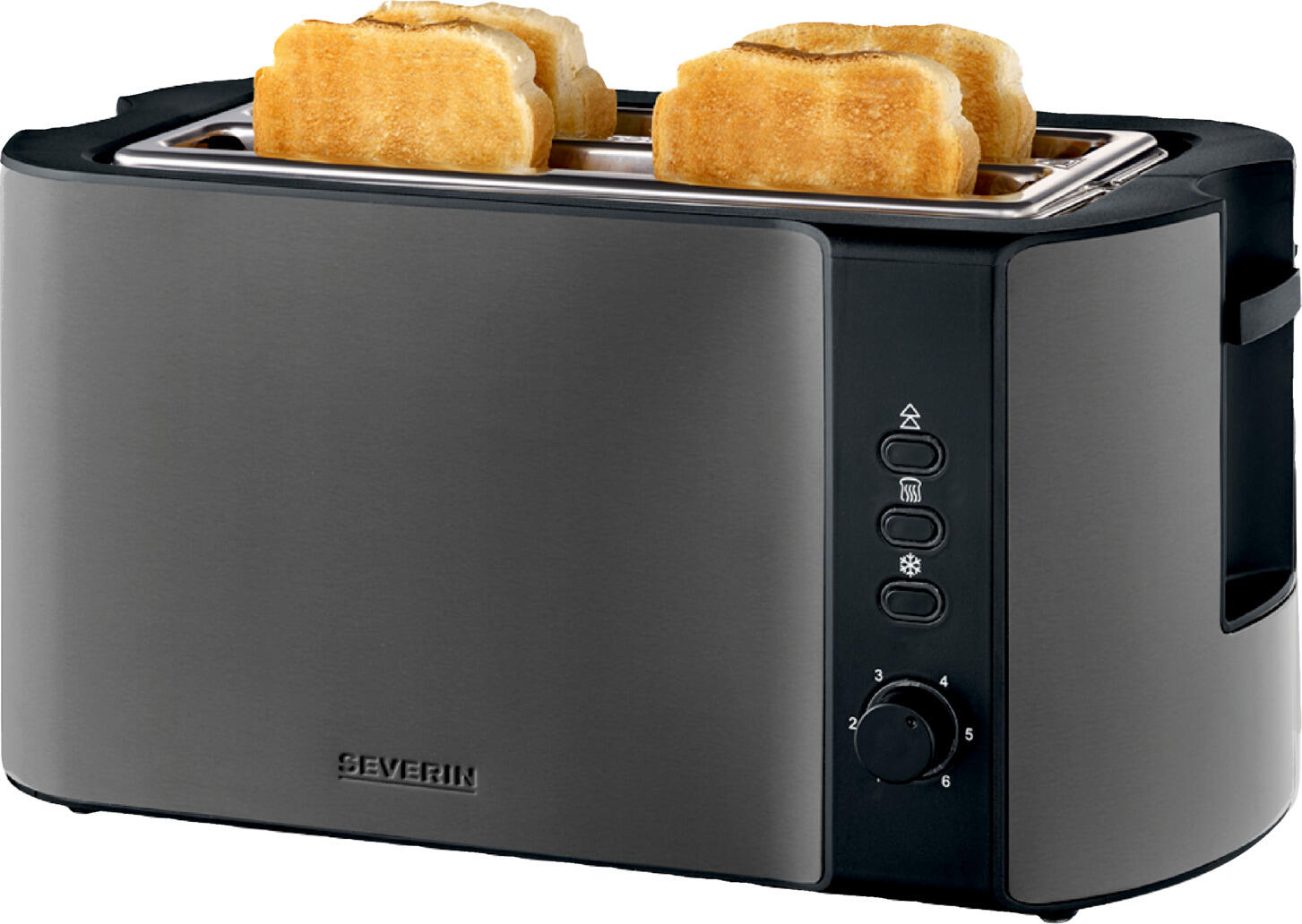 Severin Severin Elektrogeräte GmbH 4 Scheiben Toaster AT 9341 Langschlitz 4 Scheiben Toaster AT 9341 Langschlitz 4 Scheiben Toaster AT 9341 Langschlitz; 38x18x19 cm (WxDxH); stainless steel 4 Scheiben Toaster AT 9341 Langschlitz; 38x18x19 cm (BxTxH); edelstahl Der Severin AT 9341 Langschlitz-Toaster wurde für den täglichen Einsatz in Hotels, Pensionen, Bistros und Frühstücksbereichen entwickelt. Mit zwei Langschlitz-Röstschächten für bis zu vier Brotscheiben gleichzeitig bietet er eine hohe Kapazität und unterstützt einen reibungslosen Ablauf auch bei erhöhtem Gästeaufkommen. Das hochwertige, wärmeisolierende Edelstahl-Gehäuse vereint Langlebigkeit mit einer professionellen Optik und lässt sich unkompliziert reinigen – ideal für den täglichen Einsatz im HoReCa-Bereich. Dank der automatischen Brotscheibenzentrierung werden Toast- und Brotscheiben gleichmäßig von beiden Seiten gebräunt. So erhalten Ihre Gäste jederzeit ein konsistentes Röstergebnis. Der integrierte Brötchen-Röstaufsatz ermöglicht das schnelle Aufbacken von Brötchen, Croissants oder anderen Backwaren und erweitert die Einsatzmöglichkeiten am Frühstücksbuffet oder im Cafébetrieb. Für maximale Flexibilität verfügt der Toaster über eine Defroster-Funktion zum schonenden Auftauen tiefgekühlter Backwaren sowie eine Aufwärmfunktion, mit der bereits geröstetes Brot ohne zusätzliche Bräunung servierbereit gemacht werden kann. Die separate Stopptaste erlaubt das sofortige Beenden des Röstvorgangs. Kontrollleuchten an allen Funktionen sorgen für eine einfache und sichere Bedienung. Vorteile für Hotellerie und Gastronomie Professioneller Langschlitz-Toaster für Frühstücksbuffets, Hotels, Cafés und Gastronomie Zwei Langschlitz-Röstschächte für bis zu 4 Brotscheiben gleichzeitig Hochwertiges, wärmeisolierendes Edelstahl-Gehäuse Gleichmäßige Bräunung durch automatische Brotscheibenzentrierung Integrierter Brötchen-Röstaufsatz für Brötchen und Gebäck Defroster-Funktion zum Auftauen tiefgekühlter Backwaren Aufwärmfunktion ohne zusätzliche Bräunung Separate Stopptaste und Kontrollleuchten für eine komfortable Bedienung Robuste Verarbeitung für den täglichen Einsatz im professionellen Umfeld Der Severin AT 9341 ist die ideale Lösung für Betriebe, die ihren Gästen zuverlässig knusprigen Toast und frisch aufgebackene Brötchen anbieten möchten. Seine hohe Kapazität, die einfache Handhabung und die robuste Ausführung machen ihn zum praktischen Helfer.
