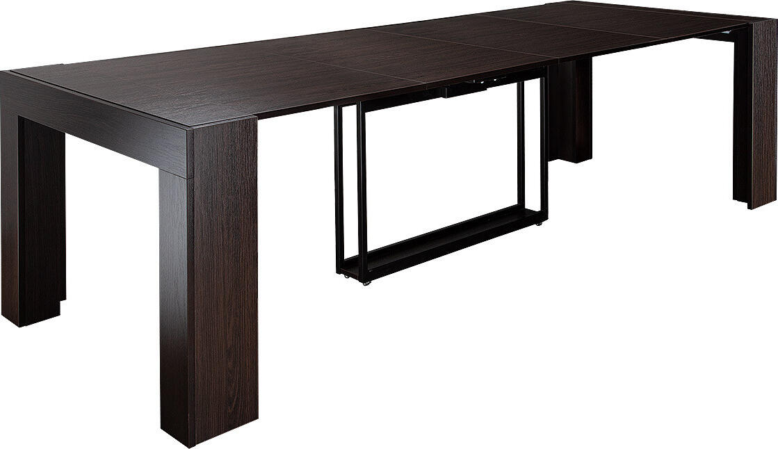 Masa Extensibila Flat Studio Cubisto 6in1, Stejar Inchis, MDF si Metal, Lungime 50-320 cm, Capacitate 1-14 Persoane, Picioare Rotative cu Roti