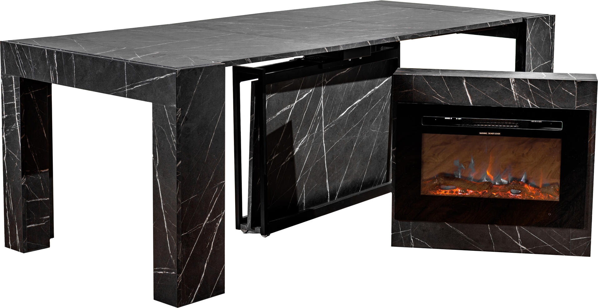 Masă extensibilă 3200 mm Flat Cubisto 6in1 marmură neagră cu șemineu Alladin Masa extensibila FLAT CUBISTO 5 in 1, capacitate 12 persoane, black marble, pana la 252cm cu semineu electric Aladin black 1500 W