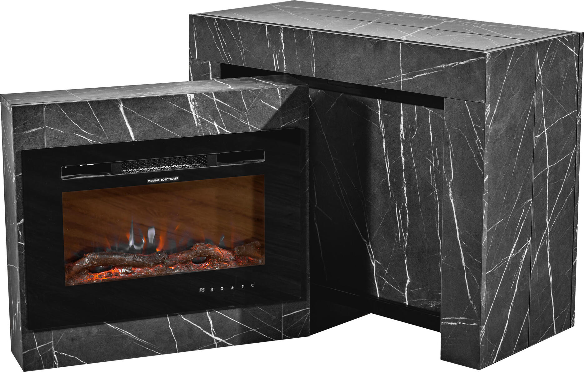 Набор из 5 предметов Раздвижной стол Flat Cubisto с черной мраморной столешницей, макс. длина 252 см, на 12 человек и встроенный камин Art Flame Aladin 1500Вт