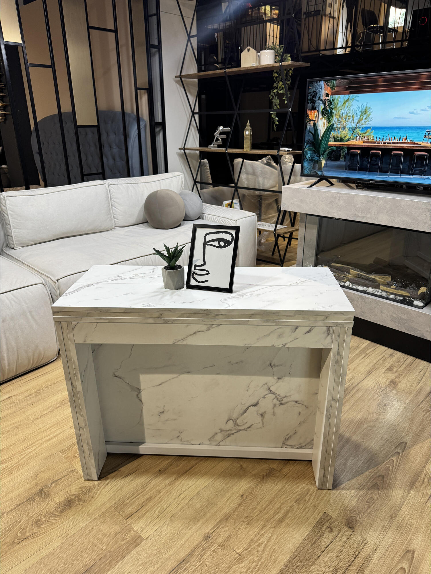 Раздвижной стол-трансформер Flat Console 5in1, отделка белый мрамор, длина 40-260 см, поворотные металлические ножки с колесами, набор из 5 столешниц