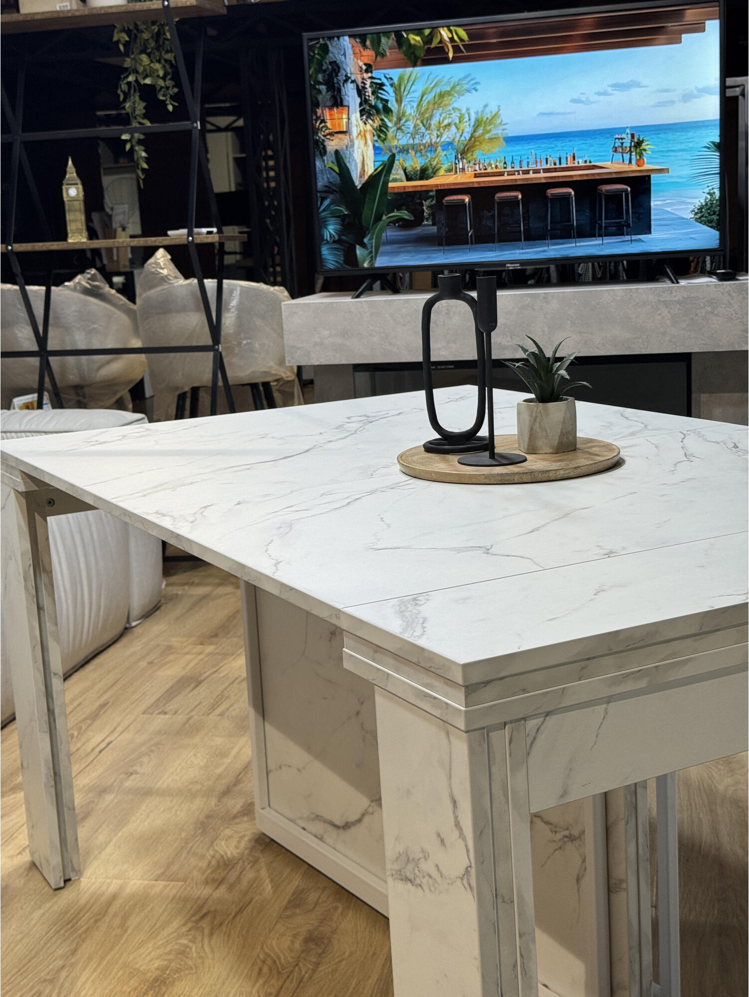 Раздвижной стол-трансформер Flat Console 5in1, отделка белый мрамор, длина 40-260 см, поворотные металлические ножки с колесами, набор из 5 столешниц