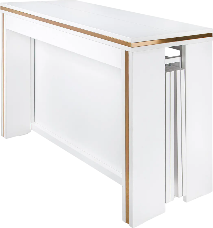 Masă extensibilă 2600 mm Flat Console 5in1, marmură albă Masa extensibila Flat CONSOLE 5 in 1, capacitate maxima 12 persoane,  extindere pana la 2600 mm, Alb Mat cu detalii aurii