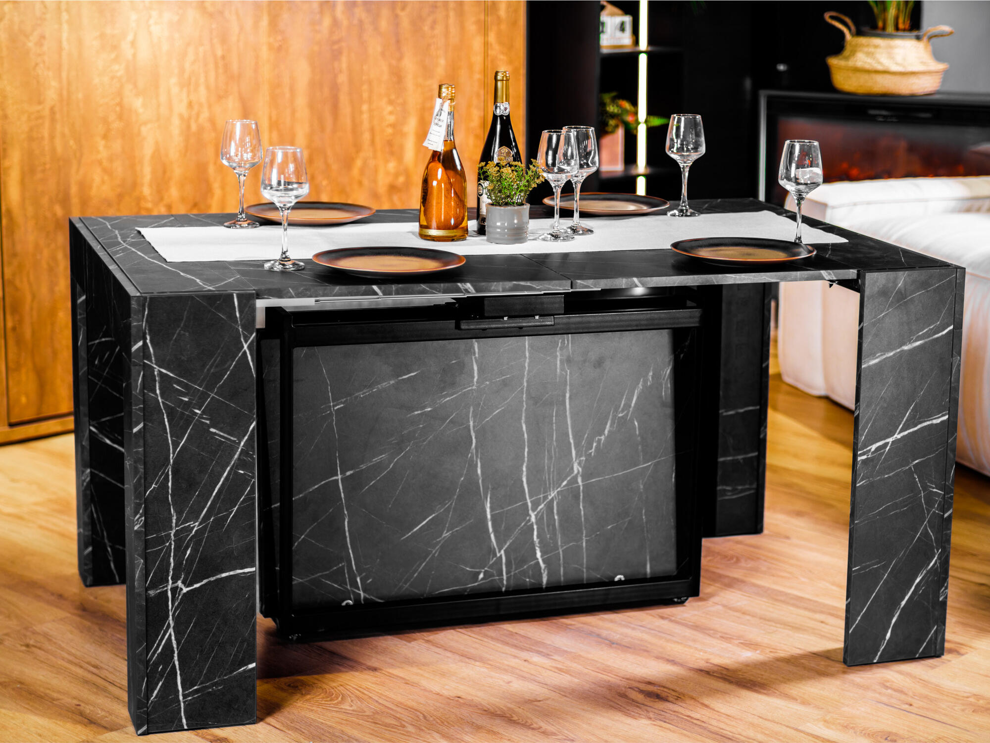 Flat Cubisto 6in1 Extendable Table, Black Marble, 6 Length Options 50-320cm, Rotating Metal Legs with Wheels, Capacity 1-14 People