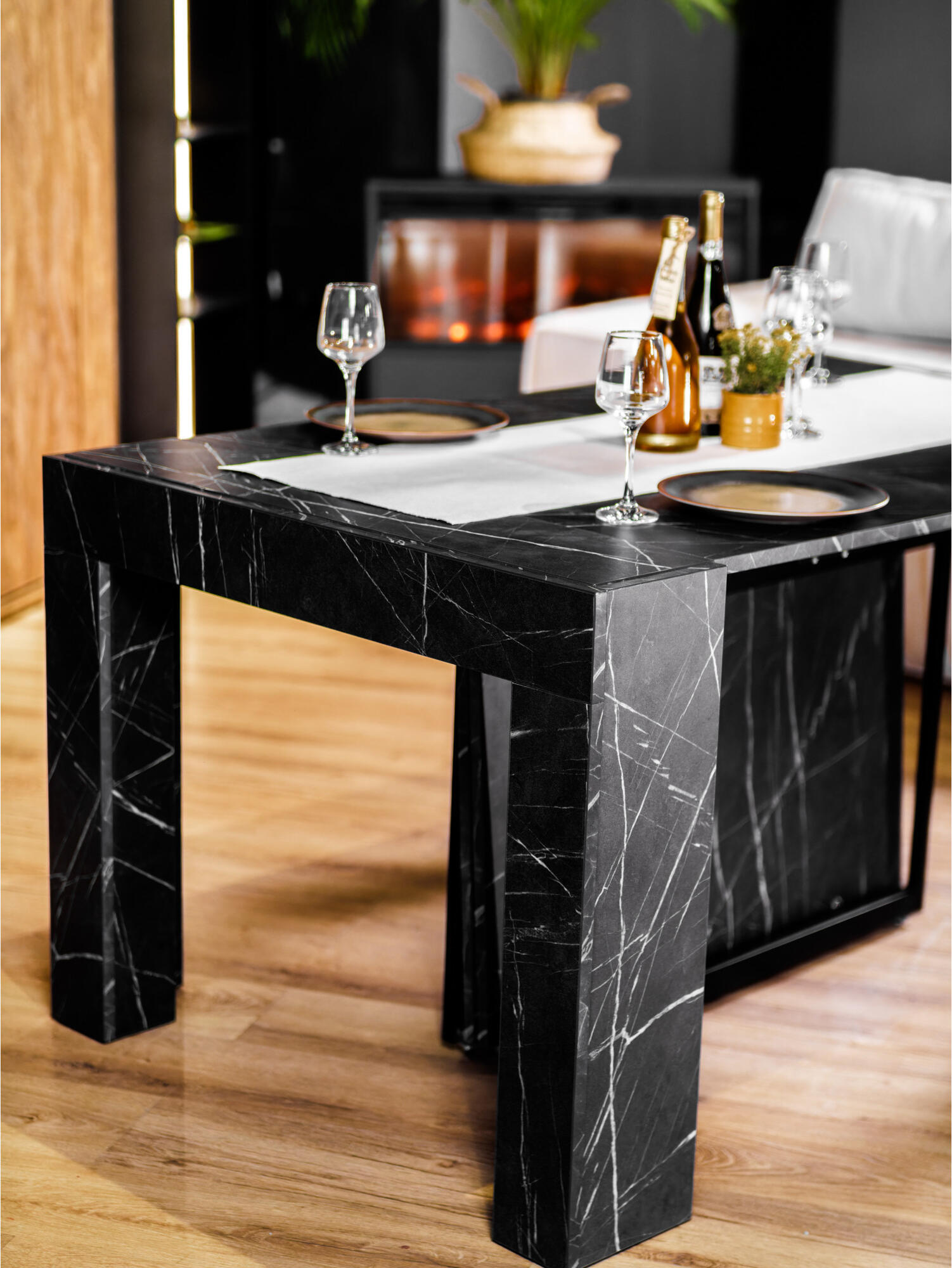 Flat Cubisto 6in1 Extendable Table, Black Marble, 6 Length Options 50-320cm, Rotating Metal Legs with Wheels, Capacity 1-14 People