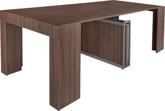 Раздвижной обеденный стол Flat Cubisto 6in1, отделка Орех, регулируемая длина 50-320 см, вместимость 1-14 человек, поворная металлическая ножка на колесах