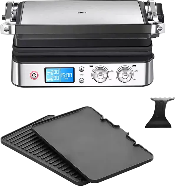 Braun MultiGrill 9 CG 9040 Electric Grill, 2000W, 37x23cm Non-Stick Detachable Plates, LED Display with Timer, Stainless Steel, Set of 2 Plates