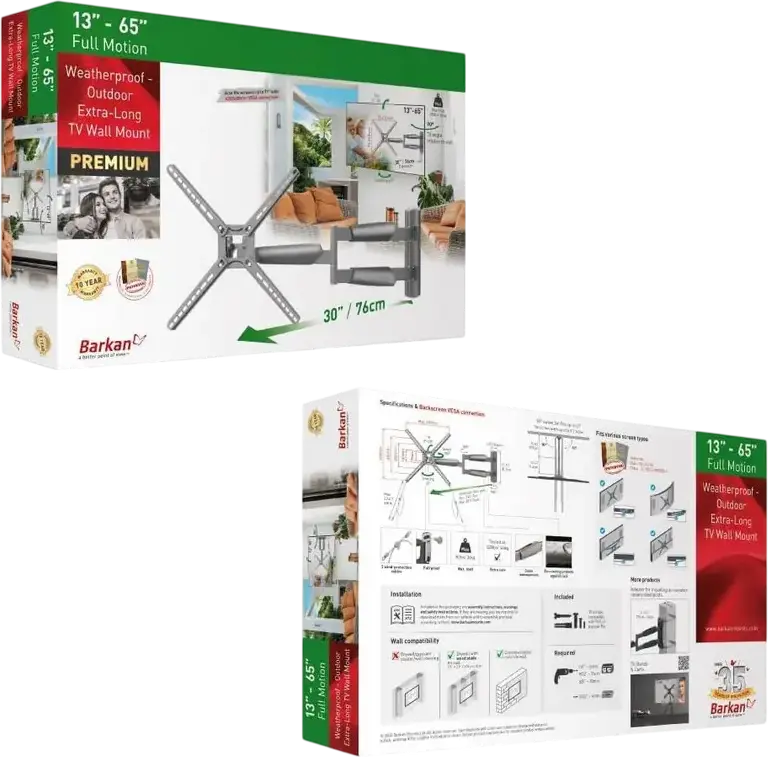 Suport de perete cu mișcare completă BARKAN BM343XL pentru ecrane de 13-65 inch, VESA 400x400mm, Capacitate 36kg, Înclinare -5 la +15 grade, Gri