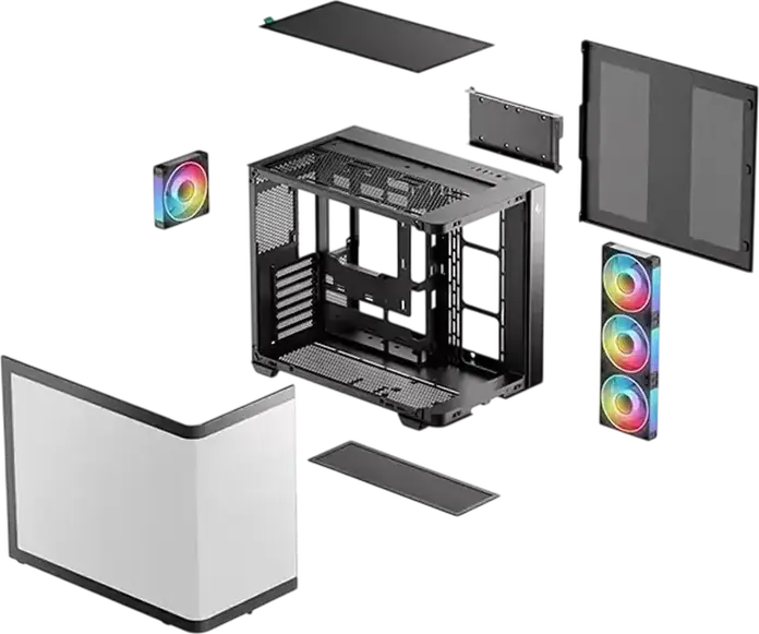 Deepcool CG530U 4F Midi-Tower PC Case, Panoramic Curved Tempered Glass, Dual Chamber Fishtank Design, 4x 120mm ARGB PWM Fans, ATX Support, Black