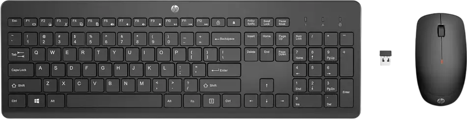 Set de 2 piese Tastatura si Mouse Wireless HP 230, Receptor USB RF 2.4 GHz, Mouse Optic Ambidextru 1600 DPI, Taste Multimedia, Negru