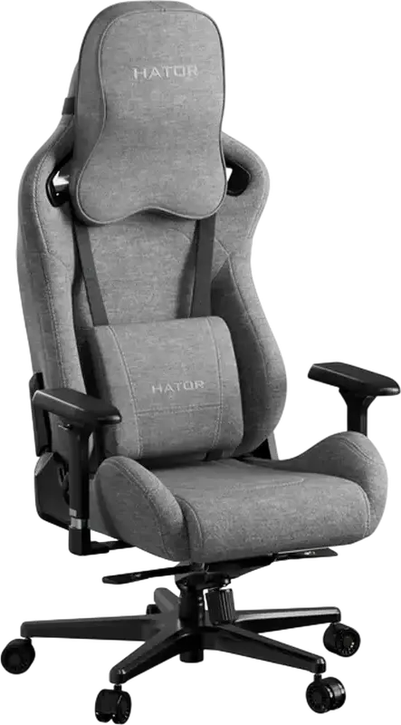 Scaun Gaming HATOR Arc, Material Textil Grey, Cotiere 4D Reglabile, piston Clasa 4, Baza Aluminiu, Inclinare 166 Grade, Perne Lombare si de Gat