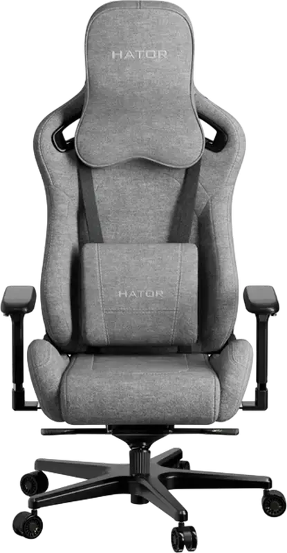 Scaun Gaming HATOR Arc, Material Textil Grey, Cotiere 4D Reglabile, piston Clasa 4, Baza Aluminiu, Inclinare 166 Grade, Perne Lombare si de Gat