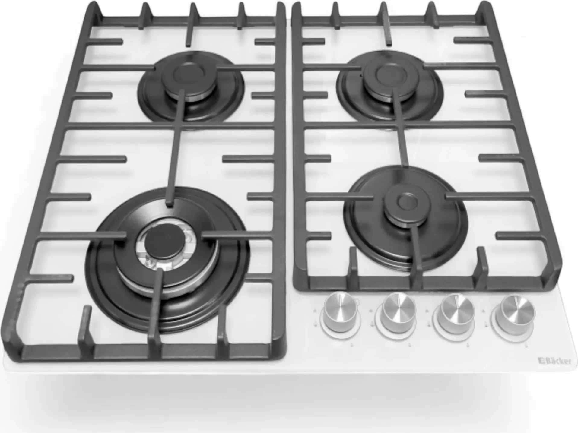 Backer BIH60-404F WH Built-in Gas Hob, 60 cm, White Tempered Glass, 4 Burners with 1 Turbo Burner, Cast Iron Grates, Electric Ignition, Gas Safety