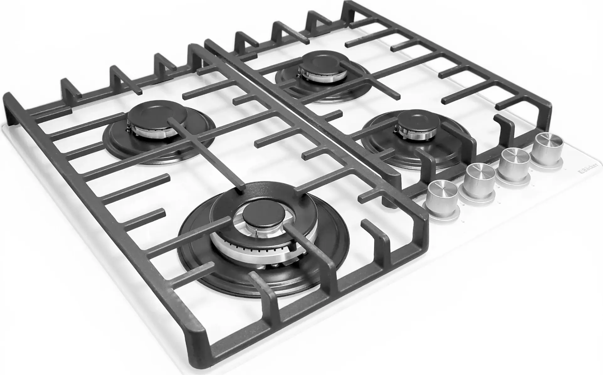 Backer BIH60-404F WH Built-in Gas Hob, 60 cm, White Tempered Glass, 4 Burners with 1 Turbo Burner, Cast Iron Grates, Electric Ignition, Gas Safety