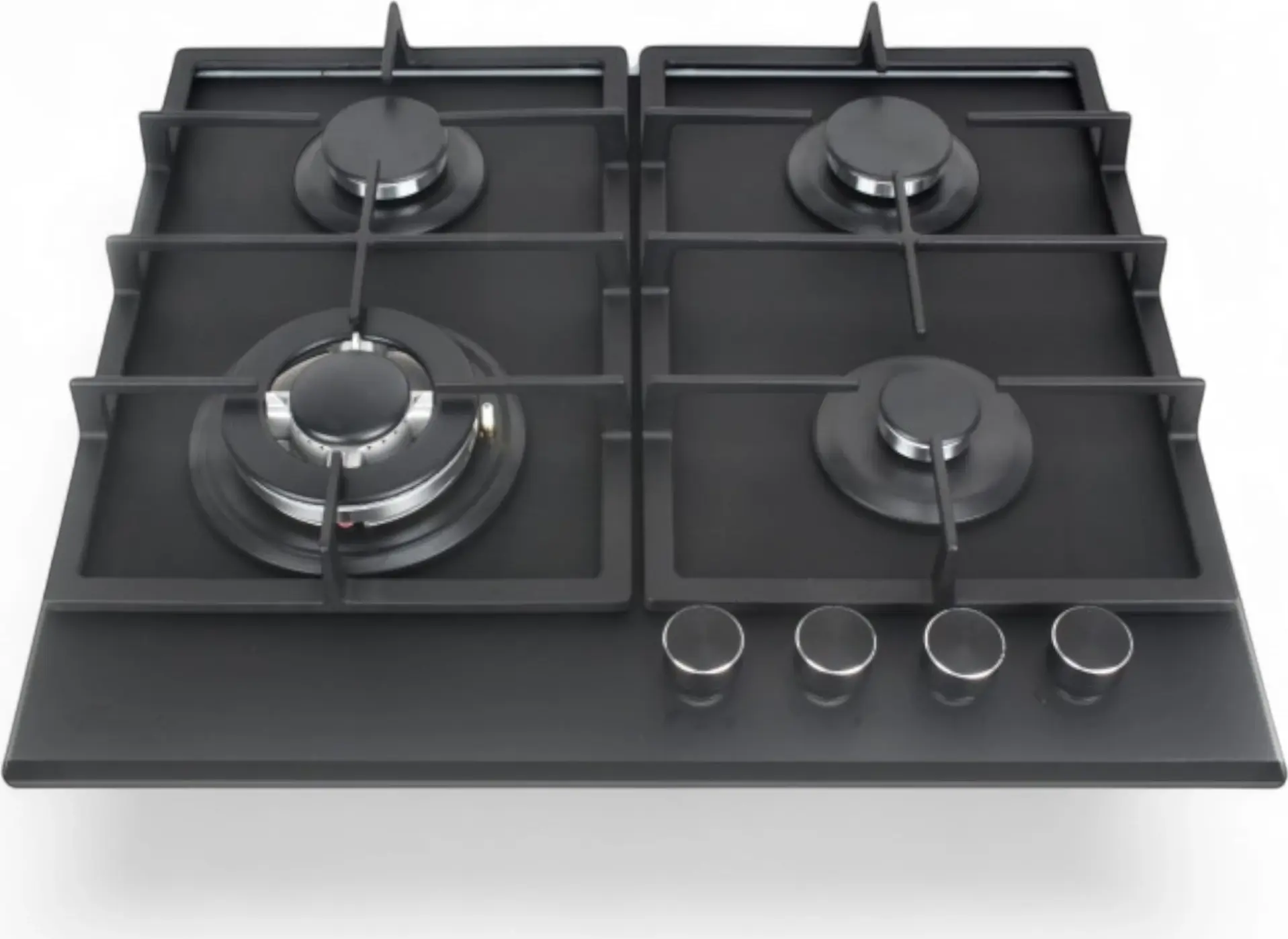 Tornado H59-4006 MATT GL Eco BL Built-in Gas Hob, 60 cm, 4 Burners with 1 Turbo Burner, Matte Black Tempered Glass, Cast Iron Grates, Automatic Ignition